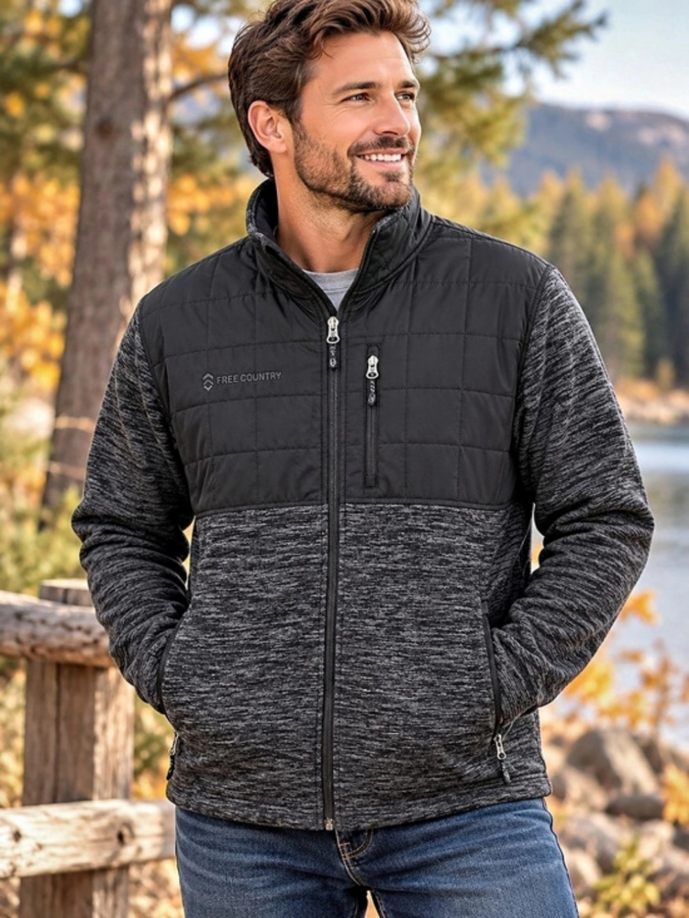 Free Country Men's Full-Zip Quilted Overlay Fleece Mixed-Media Jacket - Size L